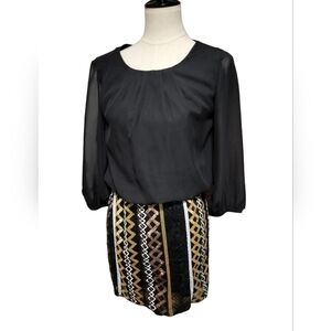 1730) Teeze Me Black & Gold Knee Length  Sequin Dress Size 9